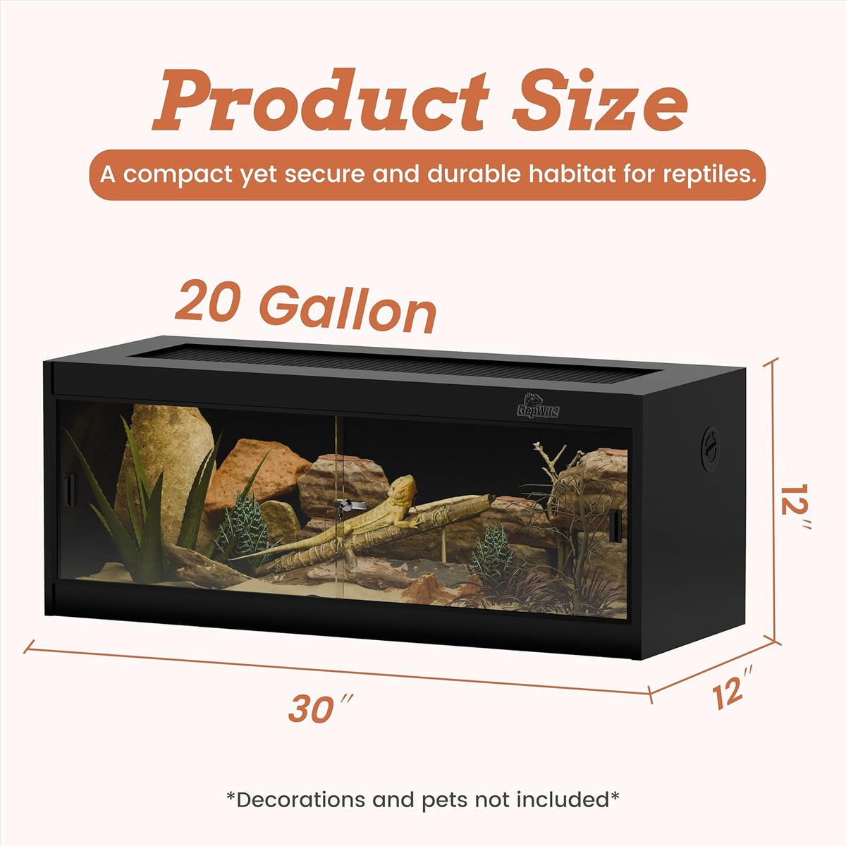 20 Gallon PVC Reptile Enclosure, RepWild 30"x12"x12" Terrarium/Tank with Heavy-Duty Screen Top