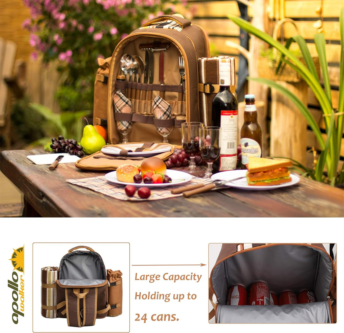 Apollo Walker Picnic Backpack Bag for 4 Person with Cooler Compartment,Wine Bag, Picnic