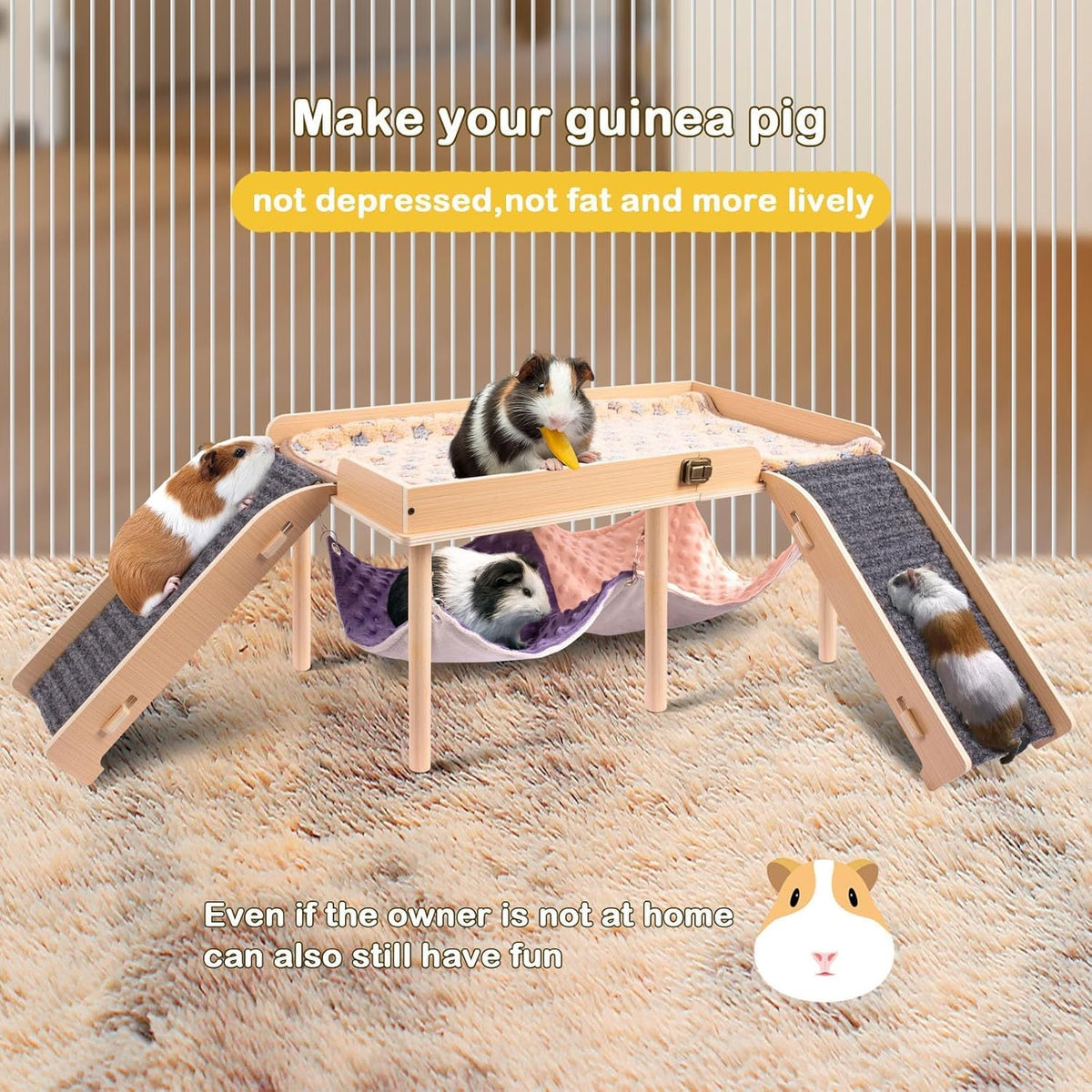 Enlarged Guinea Pig Hammock with Platform and Stairs,Wooden Foldable Piggies Hideout for Guinea