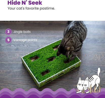 Catstages Grass Patch Hunting Box Interactive Bat & Swat Game for Indoor Cats, 3 Jingle Balls