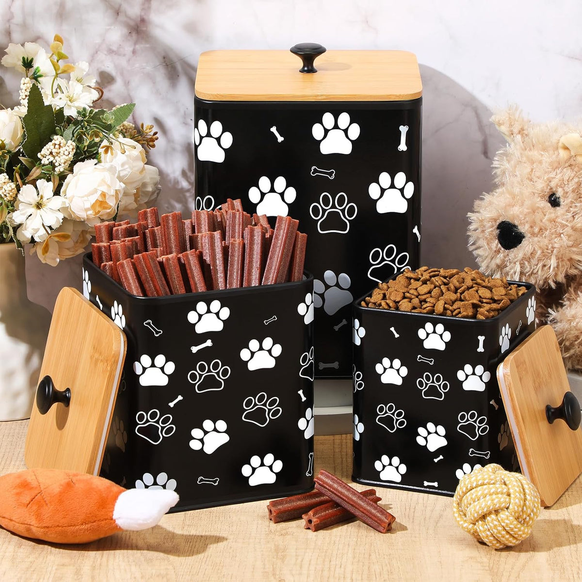3 Pack Airtight Dog Food Containers with Bamboo Lids, Metal Dog Treat Jars Canisters for Kibble