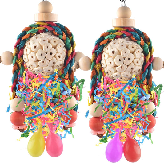 Bissap Conure Toys, 2PCS Bird Parrot Foraging Shredder Hanging Toys Sola Balls with Sand Hammer for