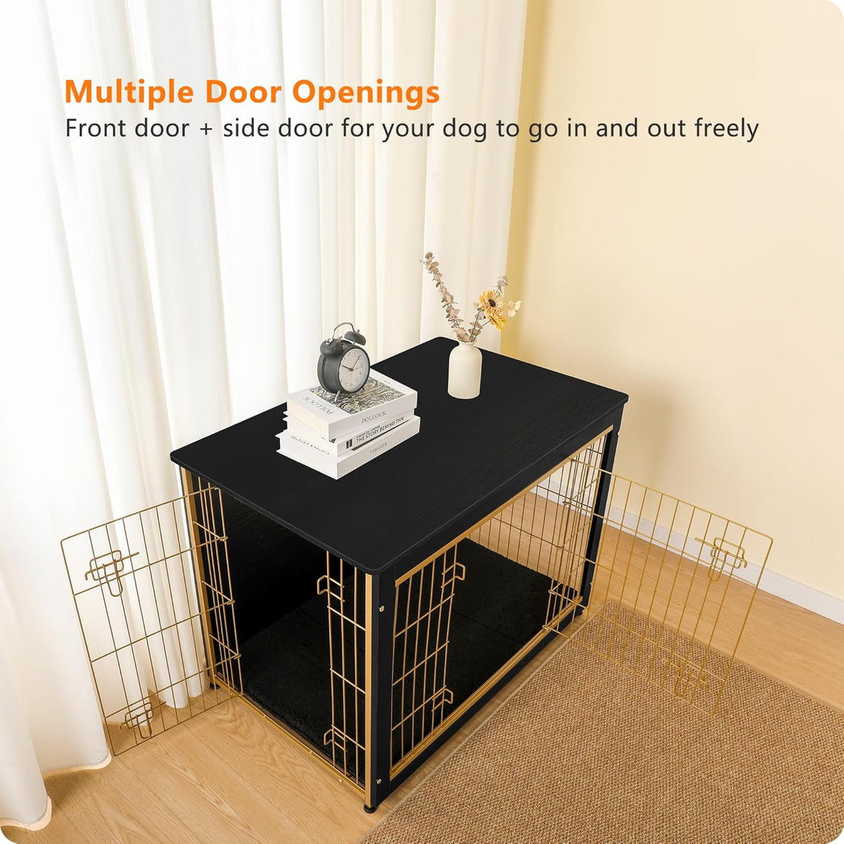 DWANTON Dog Crate Furniture with Cushion, Wooden Kennel Table with Double Doors, Indoor Dog House