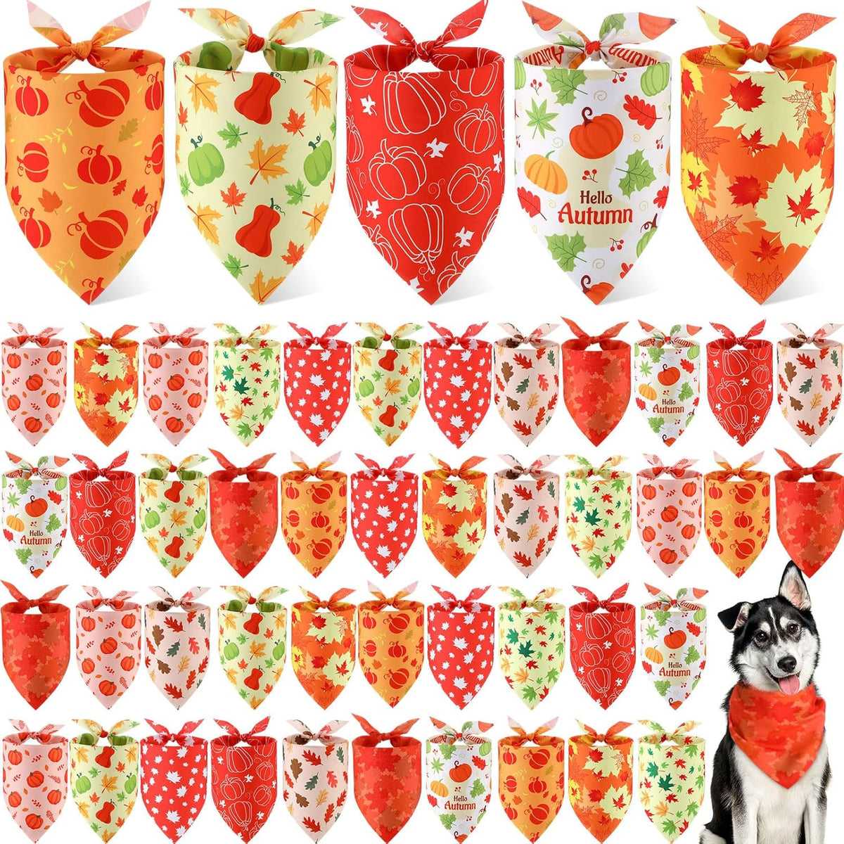 Weewooday 50 Pcs Fall Dog Bandanas Bulk Pumpkin Maple Leaves Thanksgiving Autumn Bandanas for Bibs
