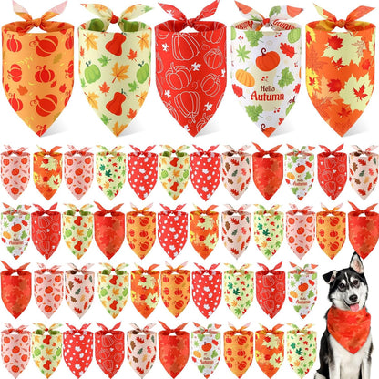 Weewooday 50 Pcs Fall Dog Bandanas Bulk Pumpkin Maple Leaves Thanksgiving Autumn Bandanas for Bibs