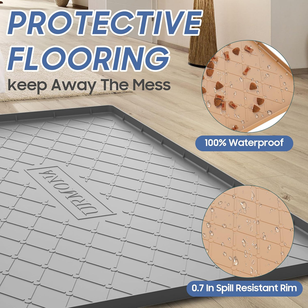 URMONA Large Dog Food Mat, 40" x 22" Pet Food Mat, Waterproof Dog Cat Food Mat with Raised Edges