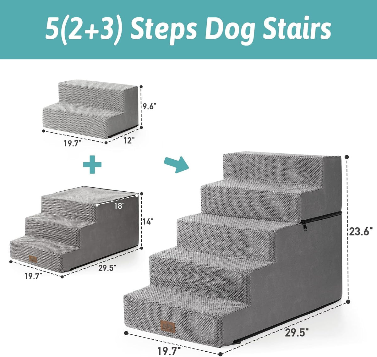 Dog Stairs for Small Dogs, 5 Tier Removable Wider Pet Stairs for Couch and Bed, 23.6" H Non-Slip