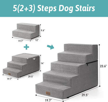 Dog Stairs for Small Dogs, 5 Tier Removable Wider Pet Stairs for Couch and Bed, 23.6" H Non-Slip