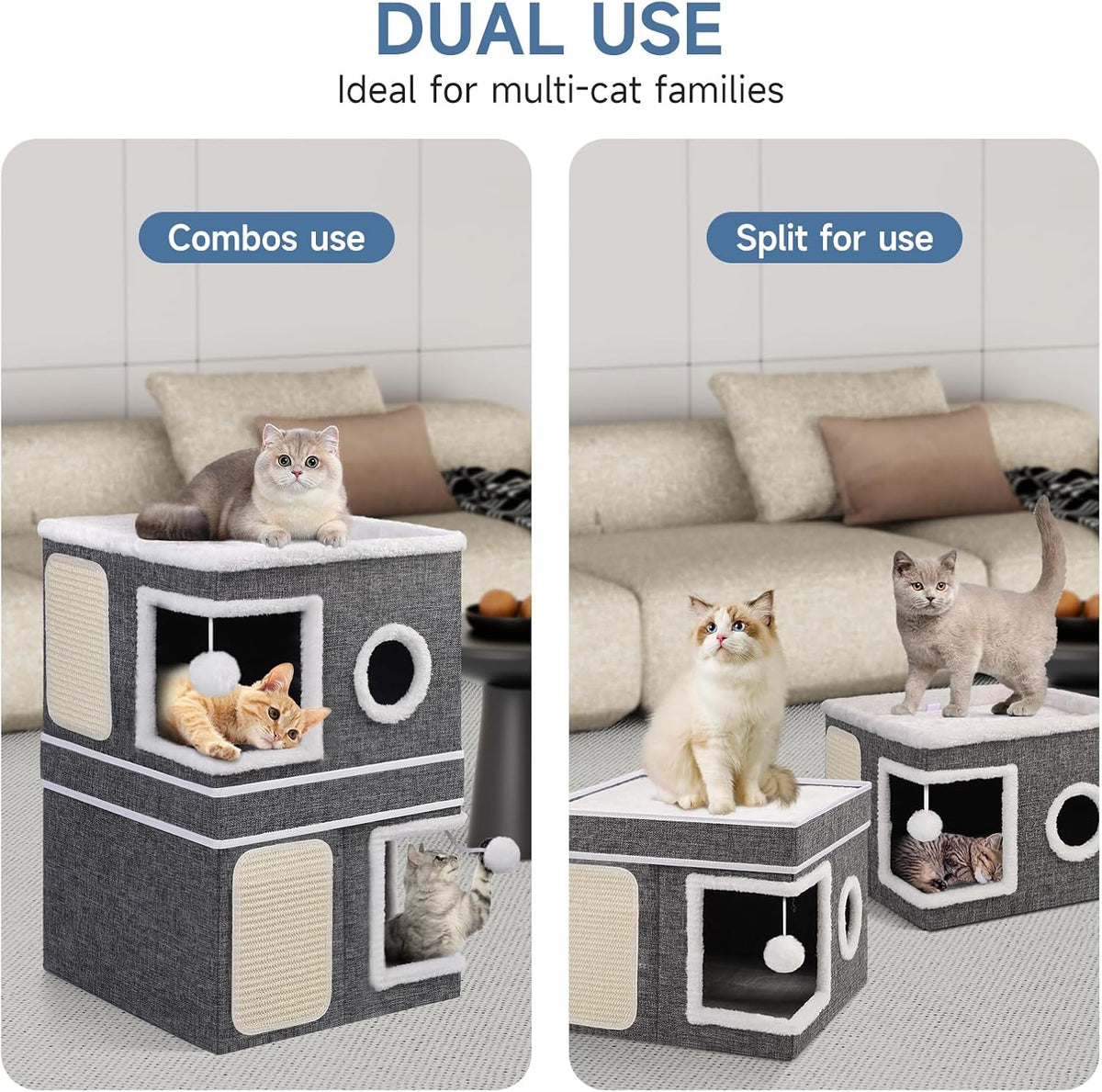 2-Storey Cat House for Indoor Cats, Separate Into 2 Large Cat Bed Cave with Hideaway Condos