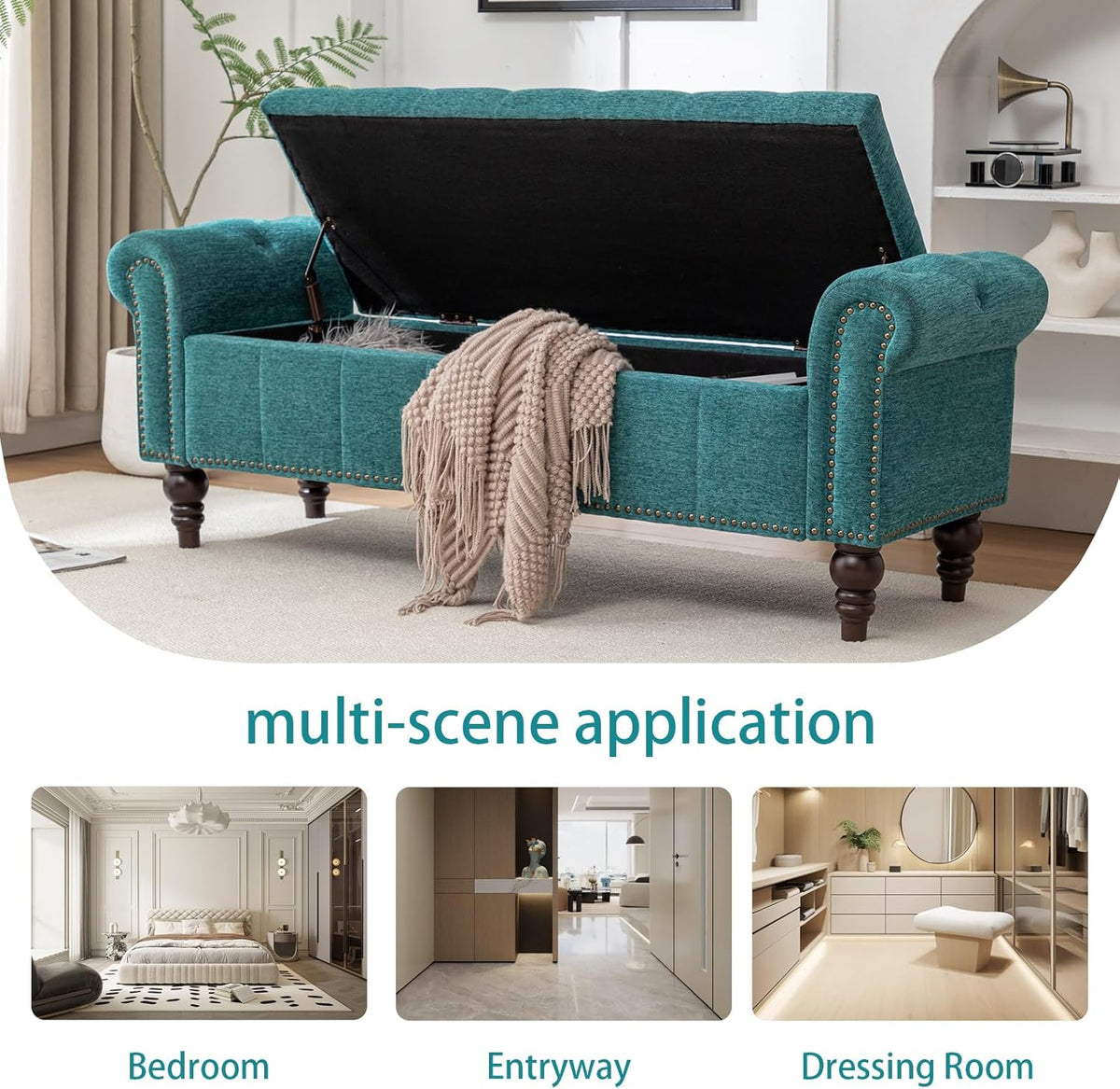 58’’ Storage Bench for Bedroom, Upholstered Button-Tufted Ottoman with Solid Wood Legs, Queen Size