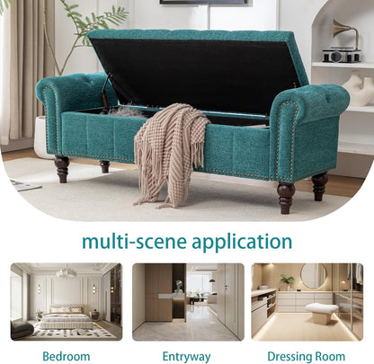 58’’ Storage Bench for Bedroom, Upholstered Button-Tufted Ottoman with Solid Wood Legs, Queen Size