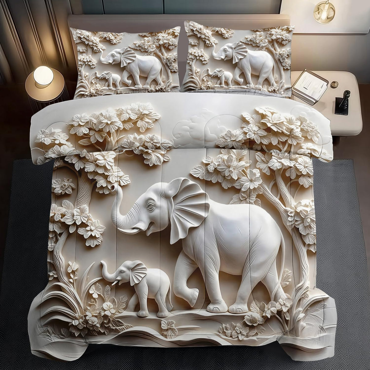 Elephant Comforter Set Full Adult, White Animal Bedding Set Full for Man, Cute Animal Comforter for