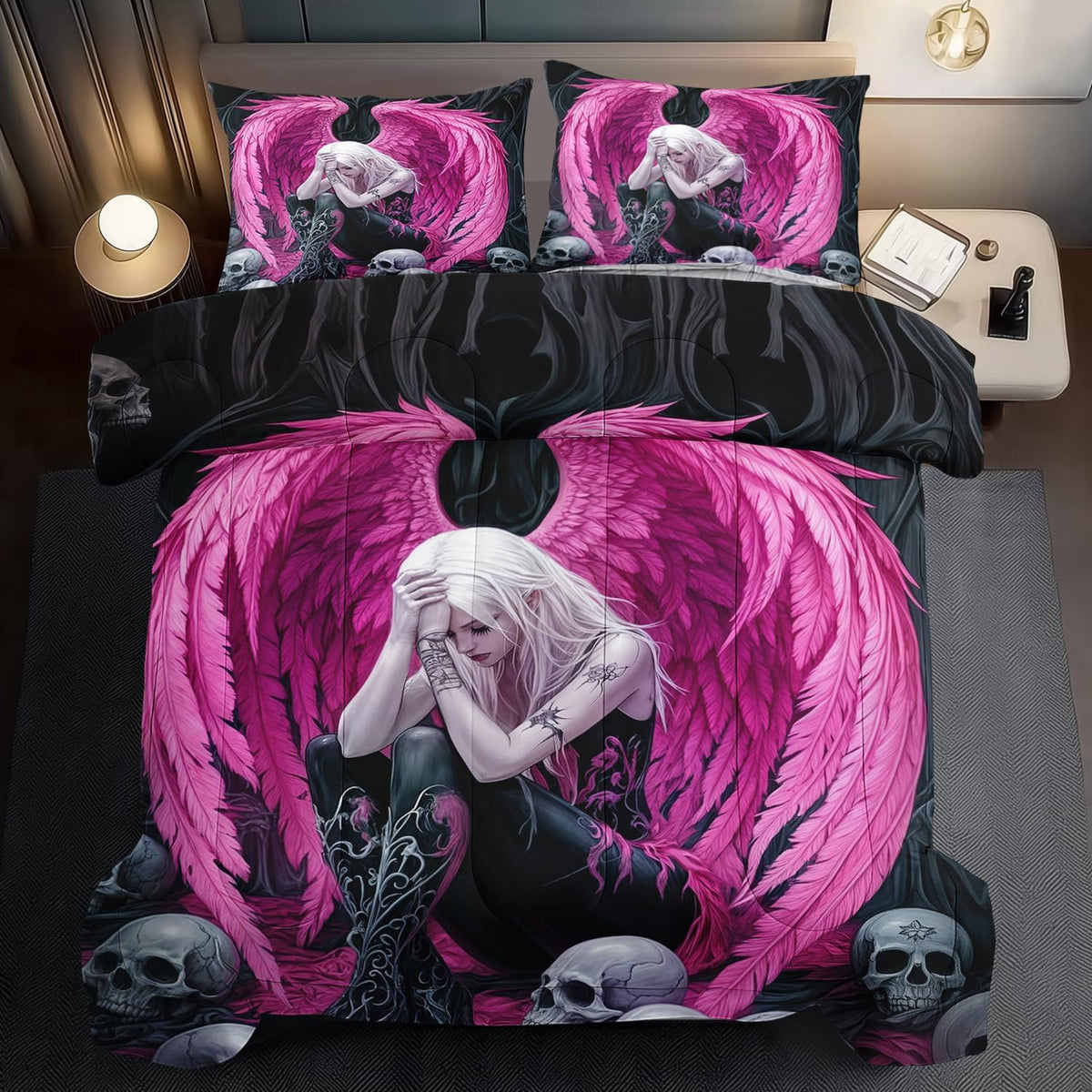 Gothic Skull Comforter Set Full for Adults,Angel Wings Bedding Set Pink for Girls,Sexy Angel