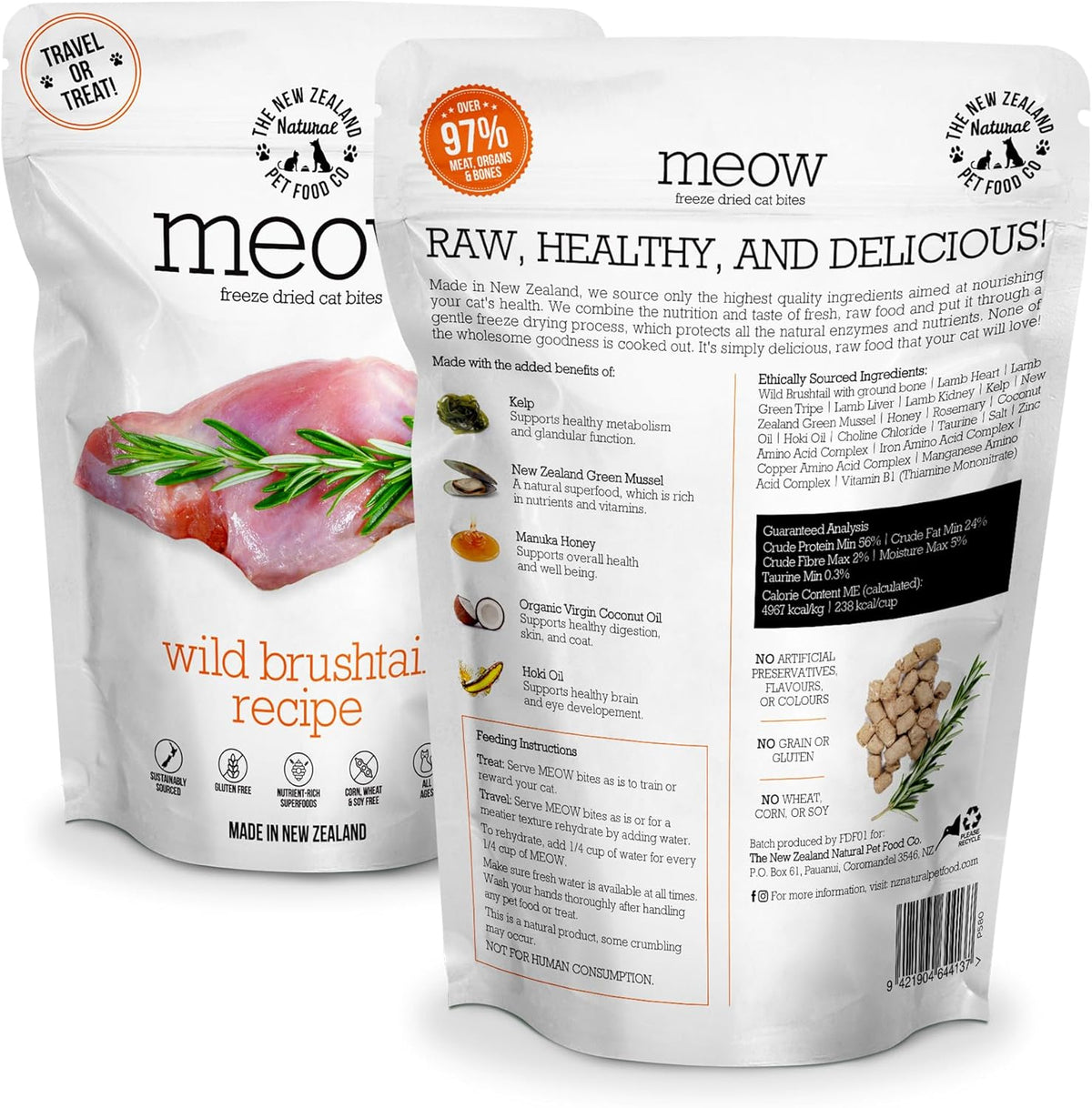 Meow Wild Brushtail Freeze Dried Raw Cat Food, Mixer, or Topper, or Treat - High Protein, Natural