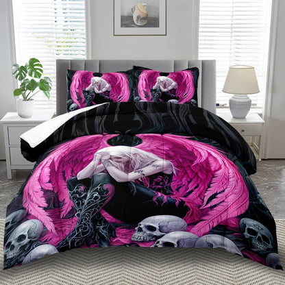Gothic Skull Comforter Set Full for Adults,Angel Wings Bedding Set Pink for Girls,Sexy Angel