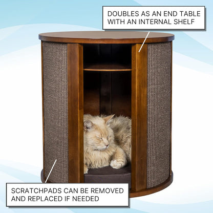 THE REFINED FELINE Purrrrfect End Table Cat Bed Cave in Mahogany Brown, Multipurpose Wood Cat