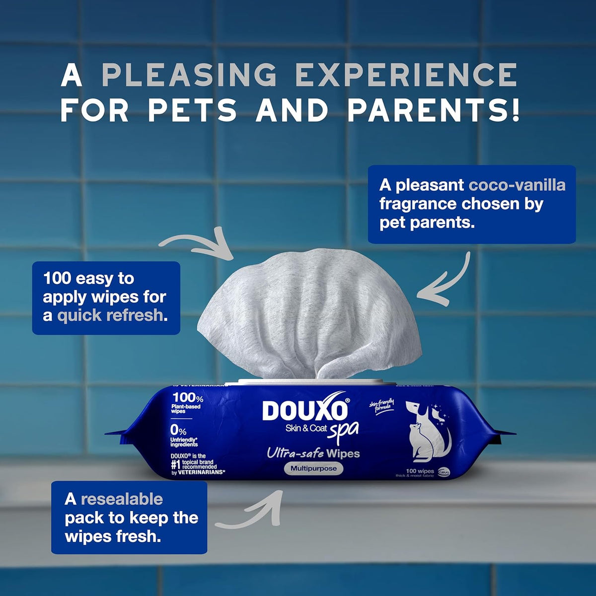 DOUXO® Skin & Coat SPA - Ultra-Safe Multipurpose Wipes for Dogs and Cats, 100 Wipes, Gently Removes