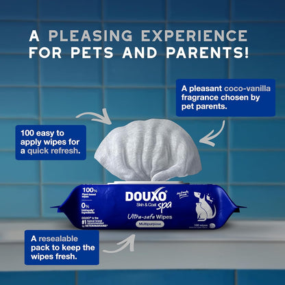DOUXO® Skin & Coat SPA - Ultra-Safe Multipurpose Wipes for Dogs and Cats, 100 Wipes, Gently Removes