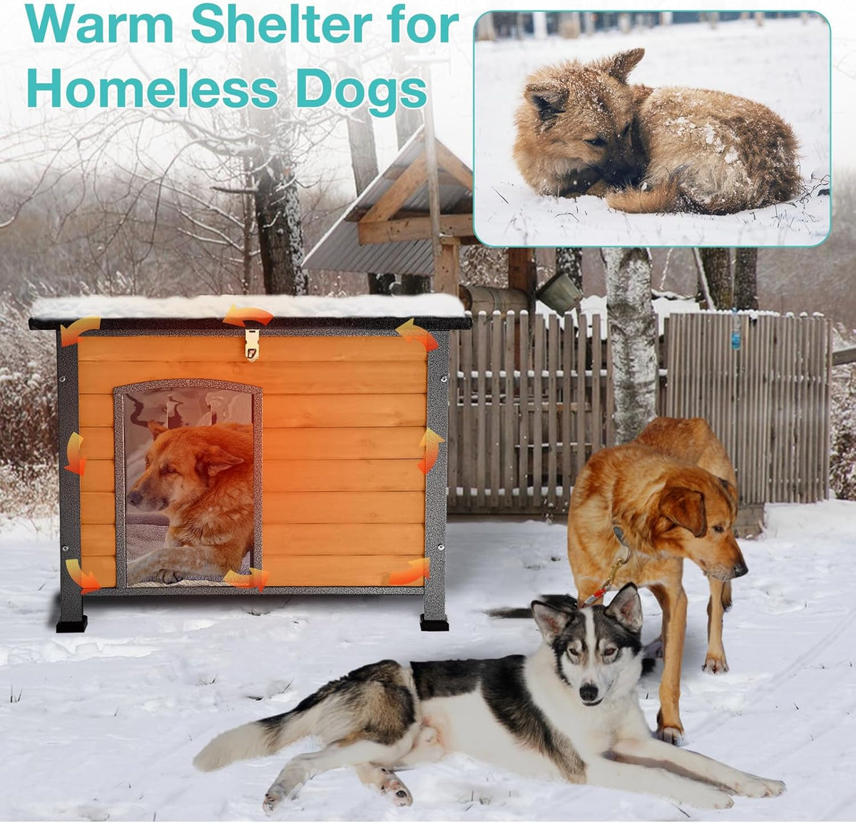 Feral Dog House Outdoor,Anti Bite Iron Frame Dog Kennel,Wood Warm Pets Home,Insulated Weatherproof