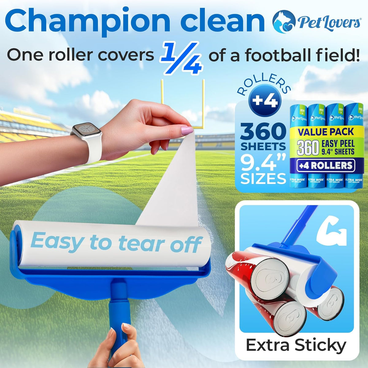 PetLovers Large Lint Roller with 3 Refills – 360 Total Sheets for Tackling Pet Hair, Extra Large
