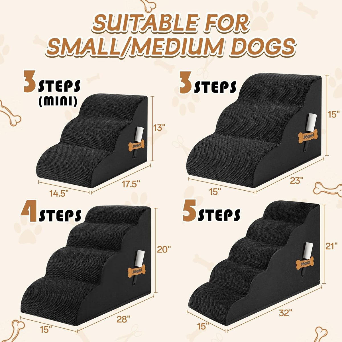Romrol Dog Stairs Ramp for High Beds Couches, High Density Foam Pet Steps with Durable Non-Slip