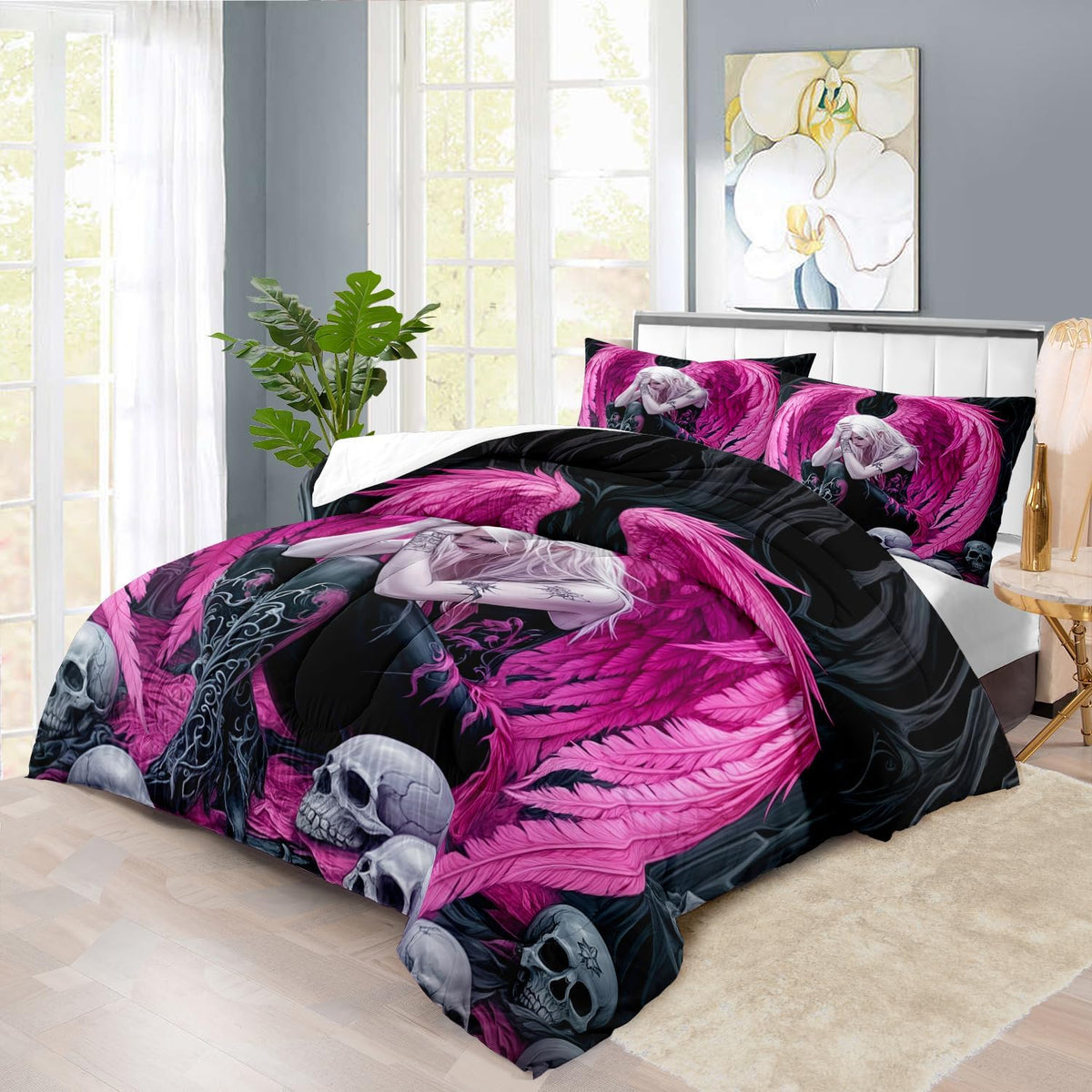 Gothic Skull Comforter Set Twin for Adults,Angel Wings Bedding Set Pink for Girls,Sexy Angel