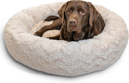 Best Friends by Sheri Original Calming Donut Dog and Cat Bed, Lux Faux Fur, Oyster, (36in x 36in)
