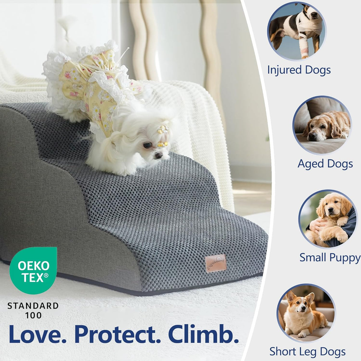 GoGoBunny Waterproof High Density Foam Curved Dog Stairs for High Beds Couches 19.7" H, 4-Step Ramp