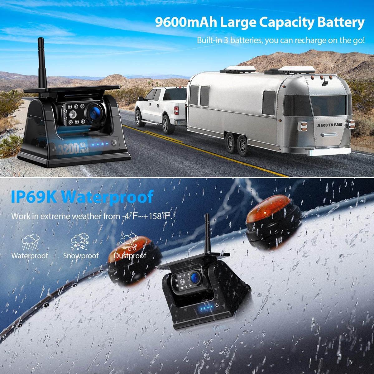 2 Magnetic Solar Wireless Backup Camera HD 1080P 9" DVR Monitor, Solar Rechargeable RV Backup