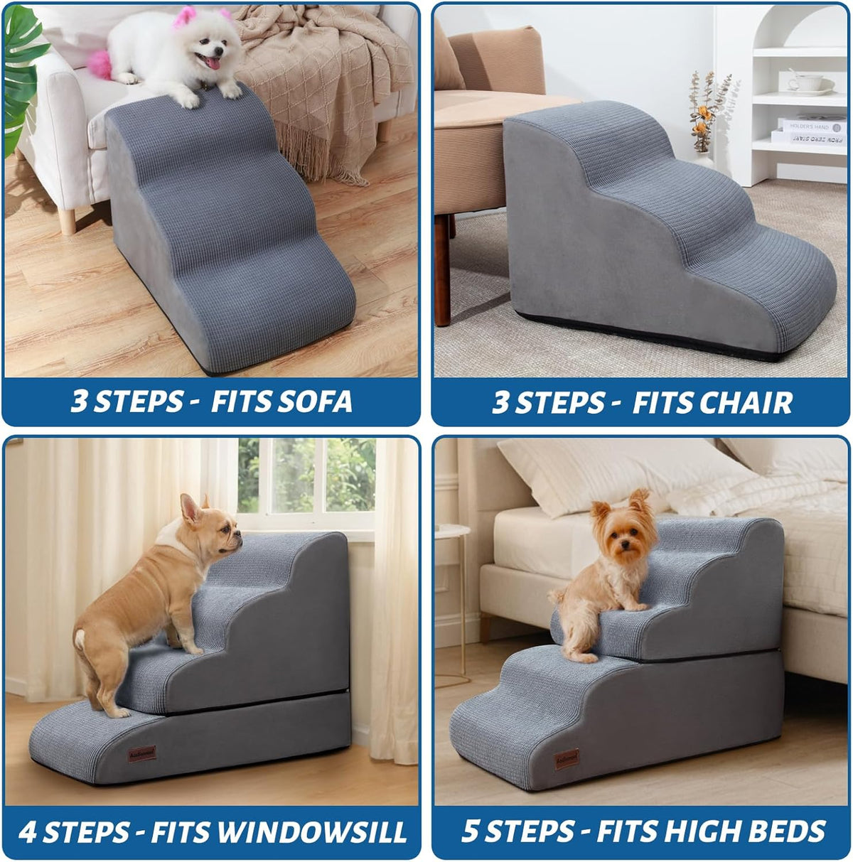 Dog Stairs and Ramp for High Bed, 5-Step Dog Steps for Small Dogs and Cats,Non-Slip Pet Stairs