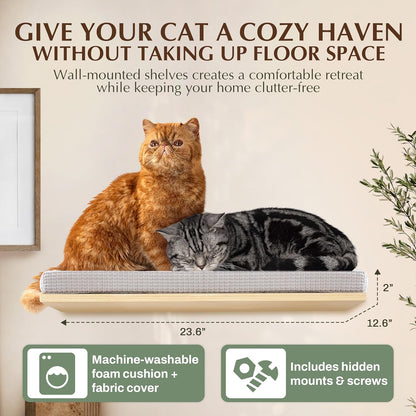 Extra Large 23.6”x12.6” CALLICO HAVEN- Stylish Cat Wall Shelves with Cushion, Modern Wall-Mounted