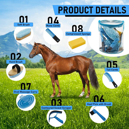 9 Pieces Horse Grooming Kit Tack Room Supplies Set with Organizer Tote Bag, Oval Massage Curry