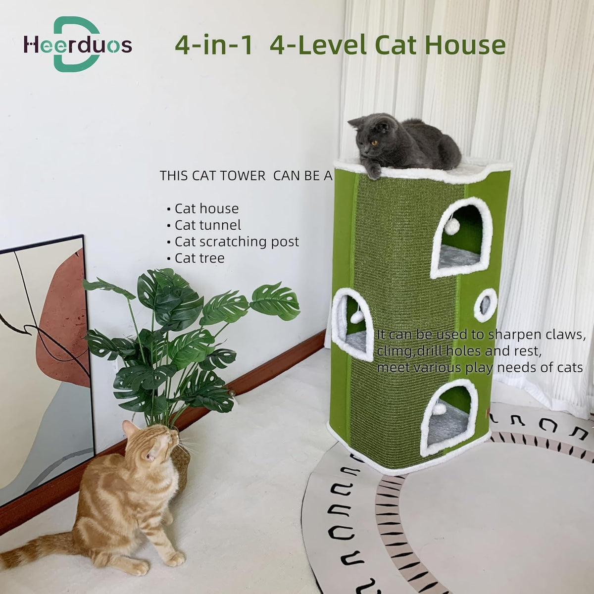 4-Level Cat House for Indoor Cats,Covered Cat Beds and Furniture with Scratch Pad,Hideaway Cave
