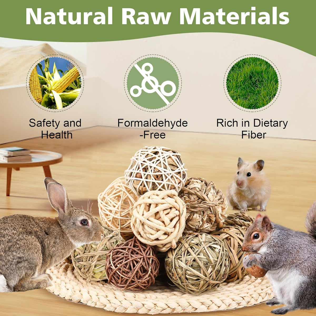 Bunny Chew Grass Balls, Rolling Chew Toys for Small Animals, Improving Dental Health, Natural Chew