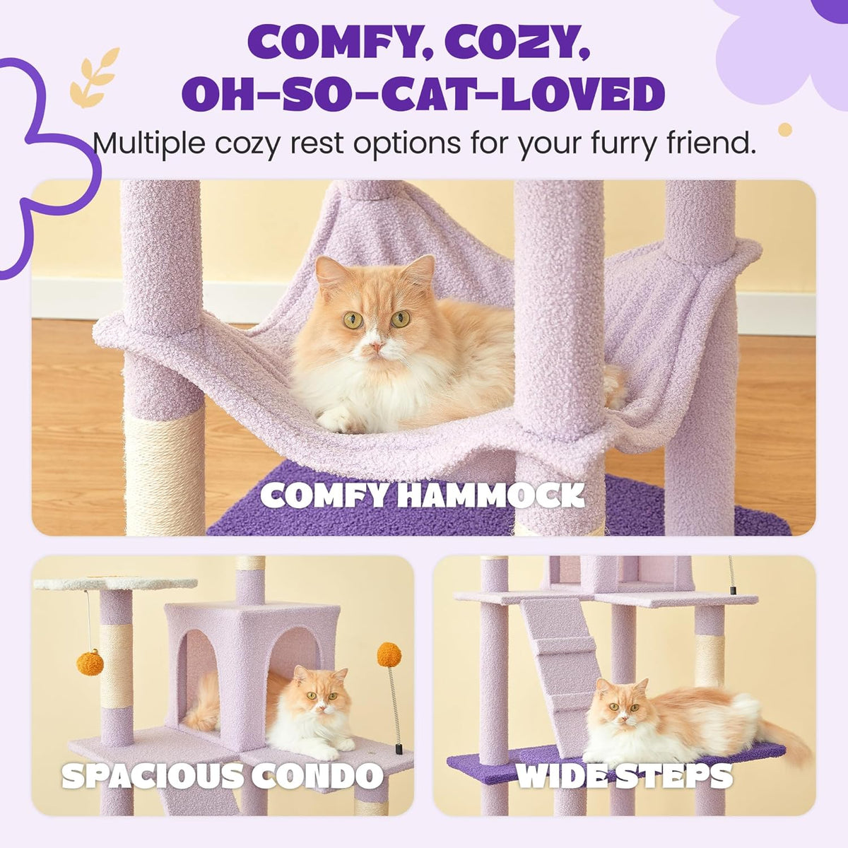 MWPO Flower Large Cat Tree, 70.1-Inch Multi-Level Tall Cat Tower for Indoor Cats, Plush Cat Condo