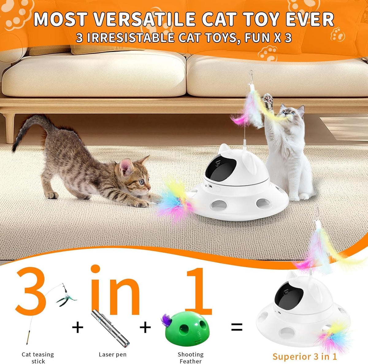 3-in-1 Cat Laser Toy & Interactive Automatic Motion-Activated Kitten Toy – 6 Holes Whack-A-Mole