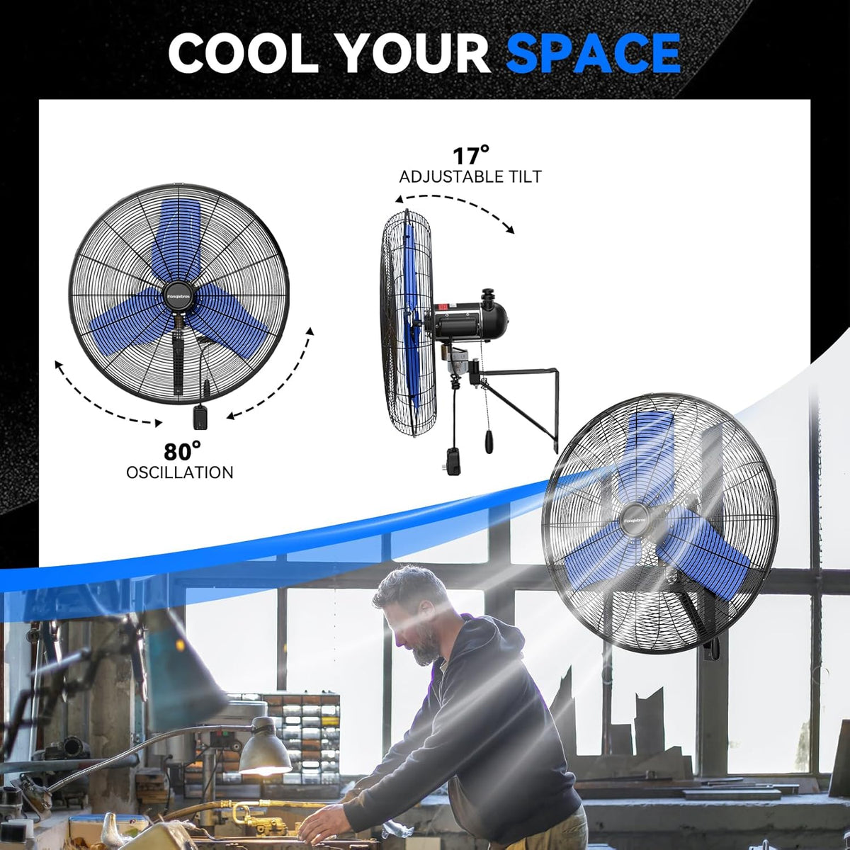 Pro 9500 CFM 24" Outdoor IP44 Waterproof Wall Mount Fan, 3-Speed Oscillating Metal Fans with