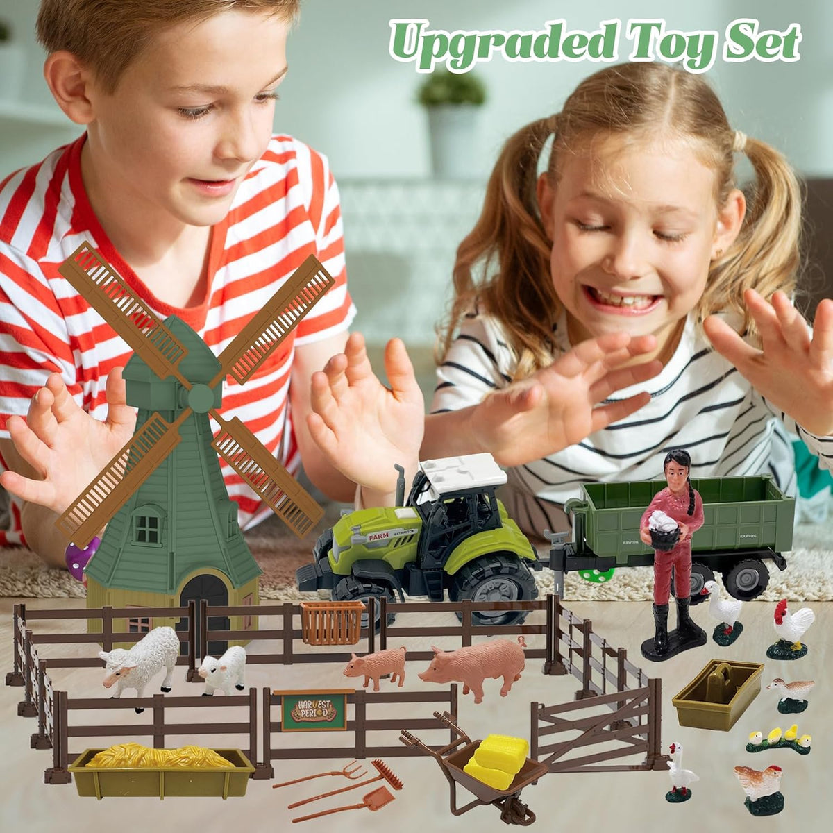 82PCS Farm Animals Toys Set Comes with Tractor Trailer, Windmill, Farmer, Fence - Playset for Kids
