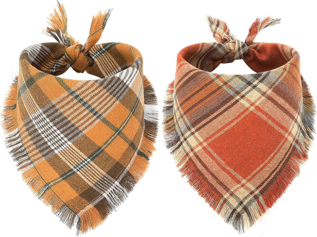 Vivifying Halloween Dog Bandana, 2 Pack Classic Plaid Fall Dog Scarf with Tassels Edges, Funny Pet