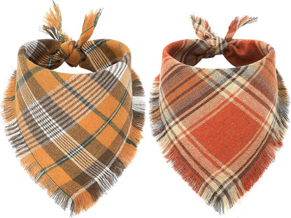Vivifying Halloween Dog Bandana, 2 Pack Classic Plaid Fall Dog Scarf with Tassels Edges, Funny Pet