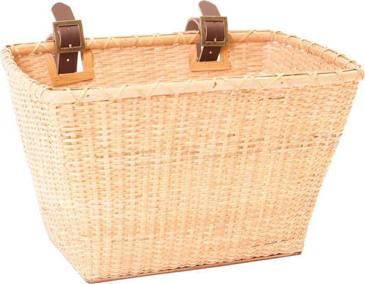 Retrospec Bicycles Cane Woven Rectangular Toto Basket with Authentic Leather Straps and Brass
