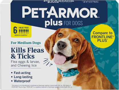 PetArmor Plus Flea and Tick Prevention for Dogs, Medium Dog Flea and Tick Treatment, 6 Doses