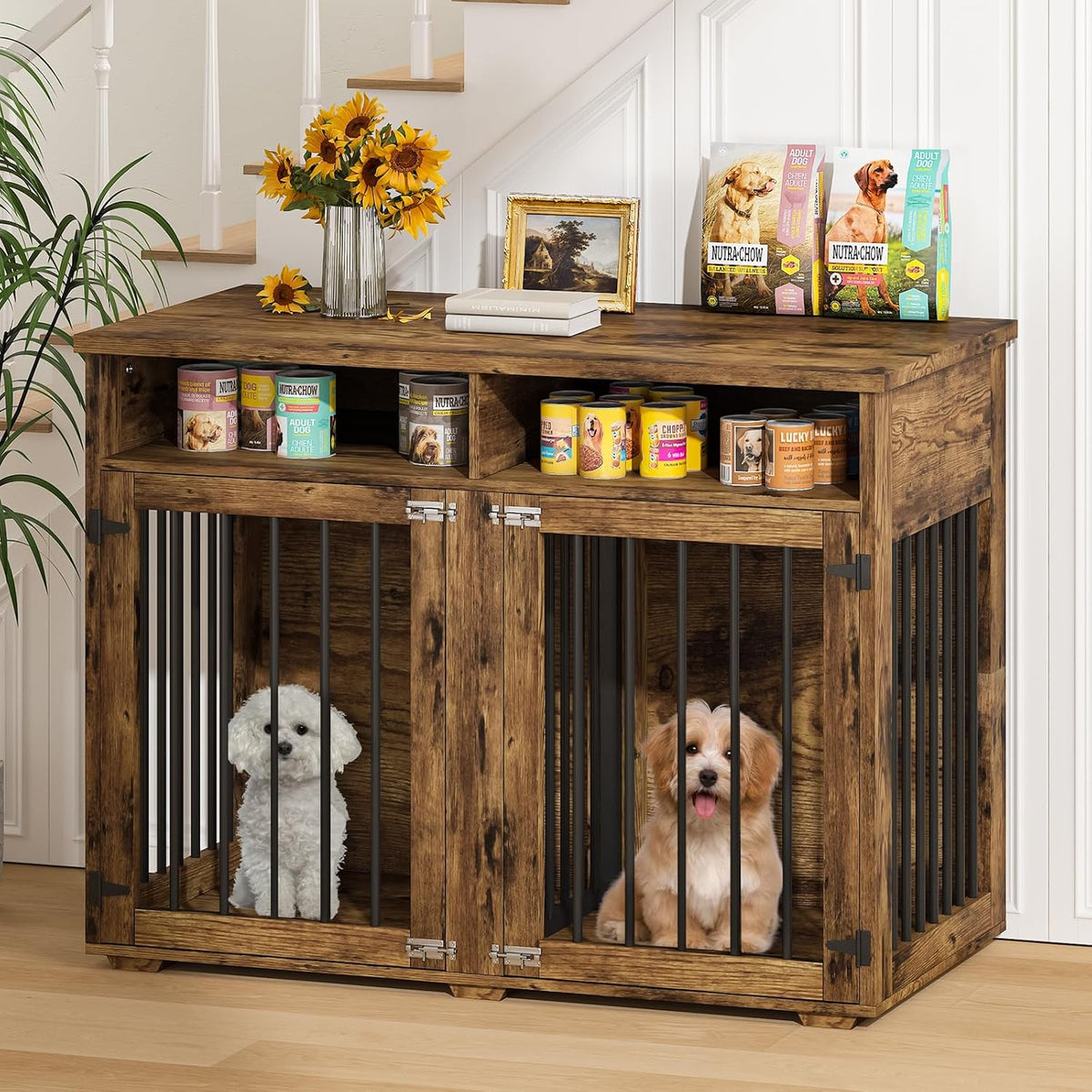 Furniture Dog Crate for 2 Dogs, 41 Inch Dog Kennel Furniture with Removable Divider and Shelf