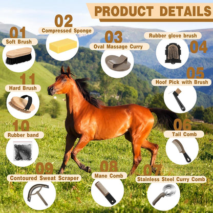 Abbylike 12 Pieces Horse Grooming Kit Racing Festival Tack Room Supplies Horse Brush Sets Equine