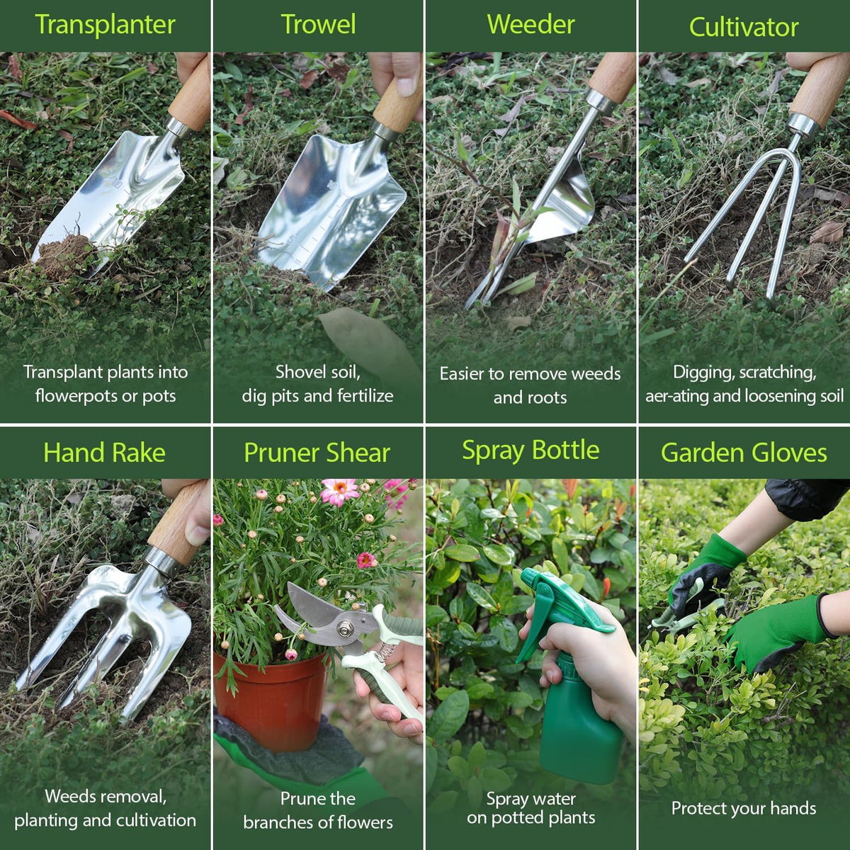 Garden Tool Set, 10 Piece Kit with Heavy Duty Folding Stool, Detachable Storage Tote Bag, Stainless