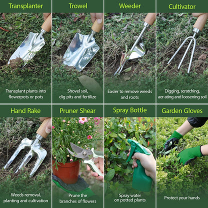 Garden Tool Set, 10 Piece Kit with Heavy Duty Folding Stool, Detachable Storage Tote Bag, Stainless