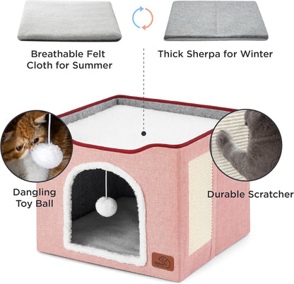 Bedsure Cat Beds for Indoor Cats - Large Cat Cave for Pet Cat House with Fluffy Ball Hanging and