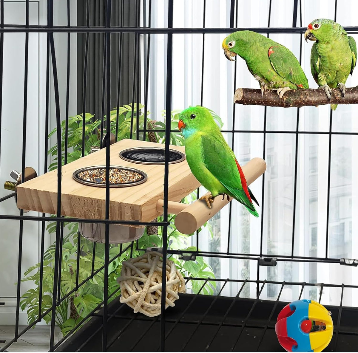 Tfwadmx Bird Feeding Dish Cups with Wooden Platform Hanging Stainless Steel Parrot Cage Feeder Bowl