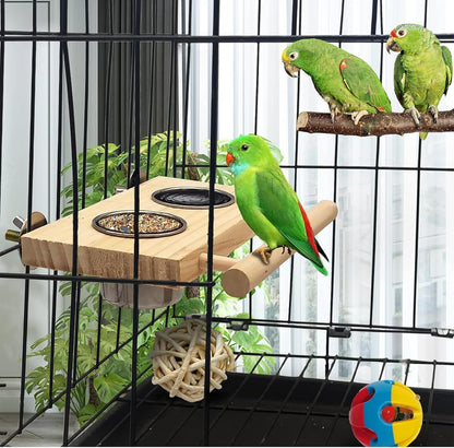 Tfwadmx Bird Feeding Dish Cups with Wooden Platform Hanging Stainless Steel Parrot Cage Feeder Bowl