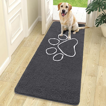 OLANLY Door Mat for Muddy Dog Paws 70x24, Ultra Absorbent Chenille Mud Doormat with Paw Print